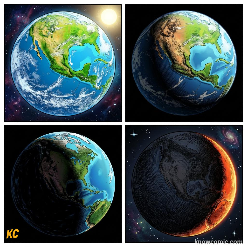 Comic panel about seasons: earth's tilt explained: Equal, educational kids illustration