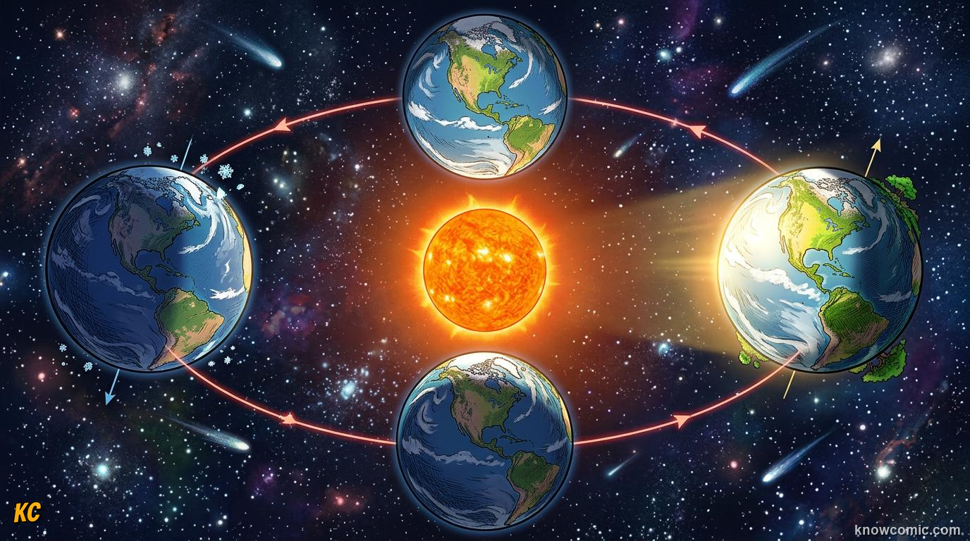 Comic panel about seasons: earth's tilt explained: Wrap Up, educational kids illustration