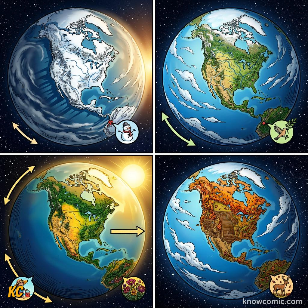 Comic panel about seasons: earth's tilt explained: Tilt Drives The Year, Cycle, educational kids illustration