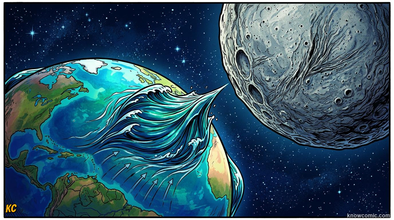 Comic panel about tides: the moon's pull on earth: Gravity Tug, educational kids illustration