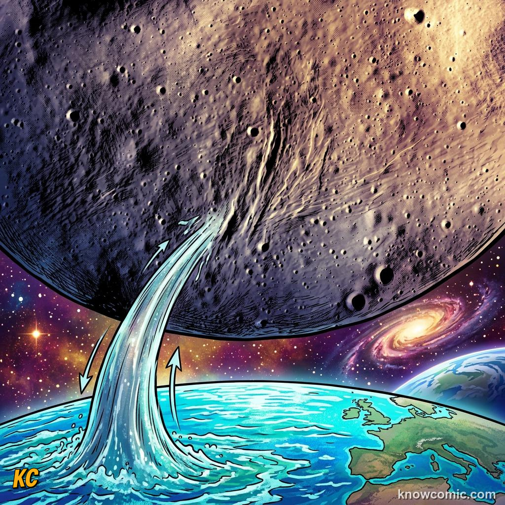 Comic panel about tides: the moon's pull on earth: The Moon Lifts Water, Ocean, educational kids illustration
