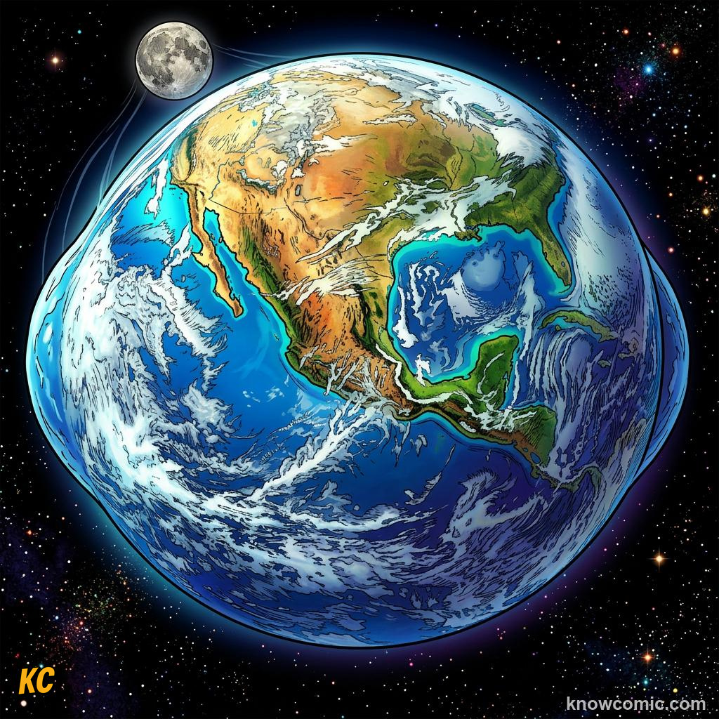Comic panel about tides: the moon's pull on earth: Moon, educational kids illustration