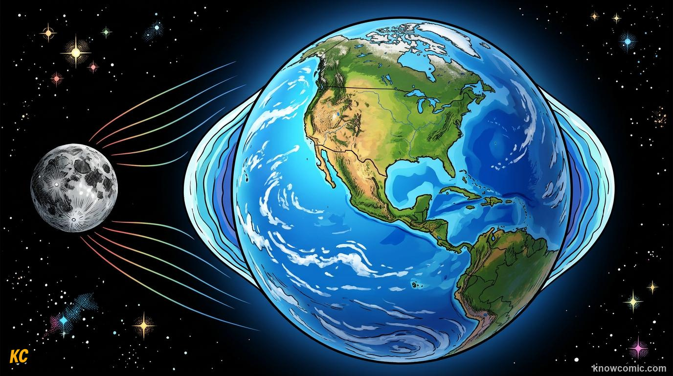 Comic panel about tides: the moon's pull on earth: Opposite Side, educational kids illustration