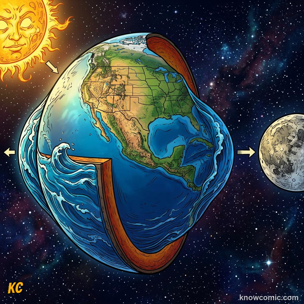 Comic panel about tides: the moon's pull on earth: Why Two High Tides, Near, educational kids illustration