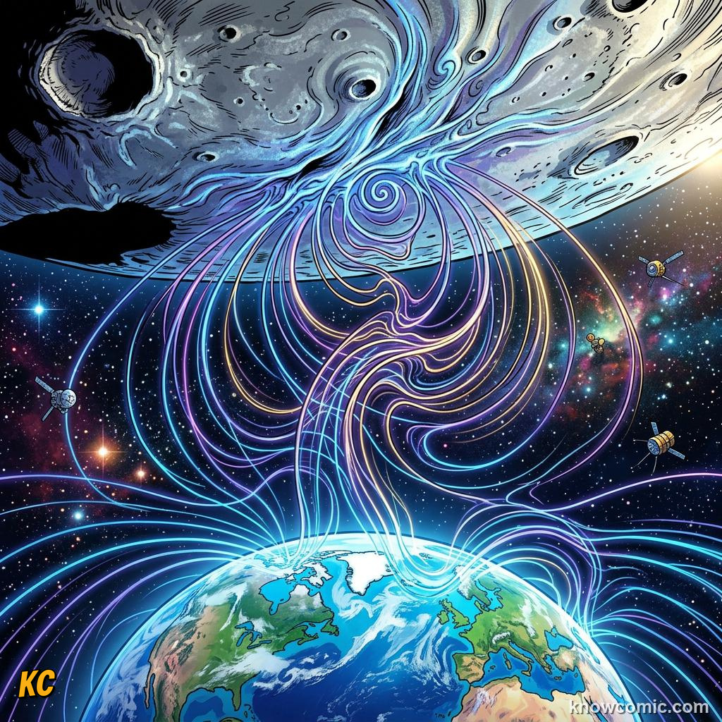 Comic panel about tides: the moon's pull on earth: Why Two High Tides, Far, educational kids illustration