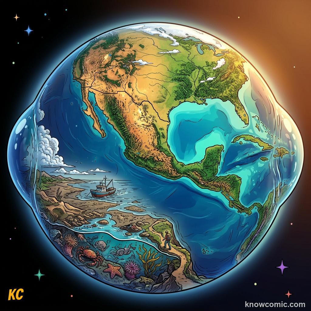 Comic panel about tides: the moon's pull on earth: Timing, educational kids illustration