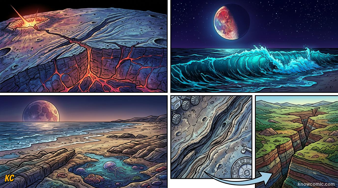 Comic panel about tides: the moon's pull on earth: Extra Tug, educational kids illustration