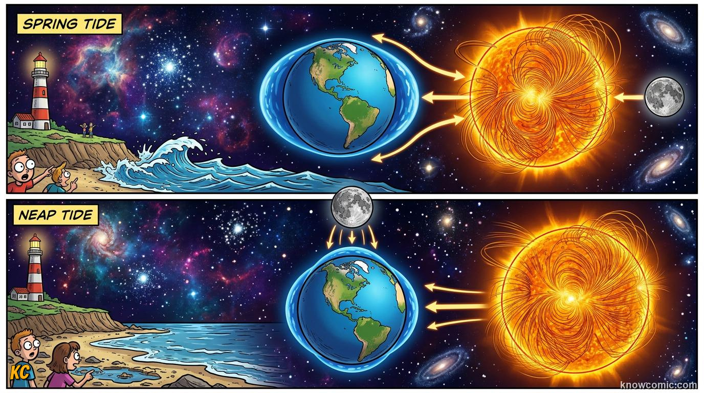 Comic panel about tides: the moon's pull on earth: Sunlight And Tides, Right Angles, educational kids illustration