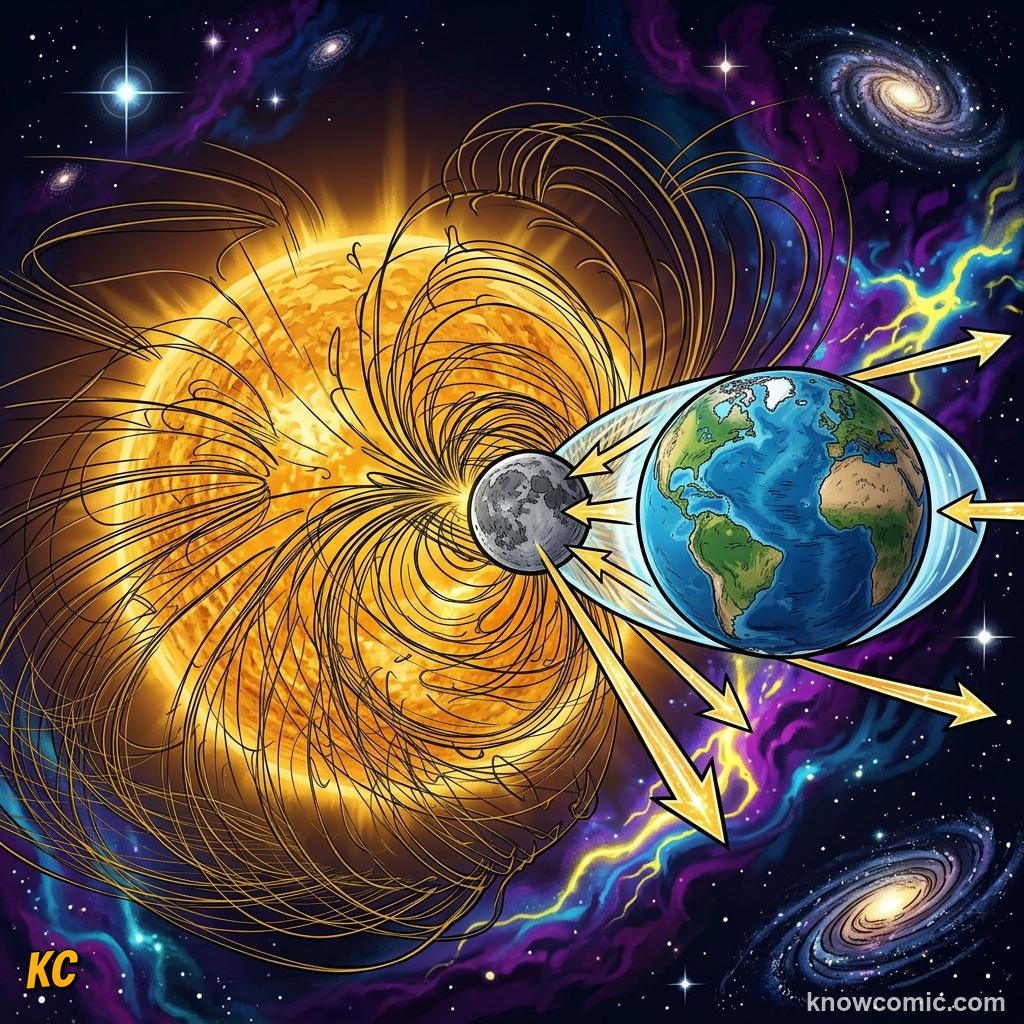 Comic panel about tides: the moon's pull on earth: When Pulls Cancel Partly, Gentle, educational kids illustration