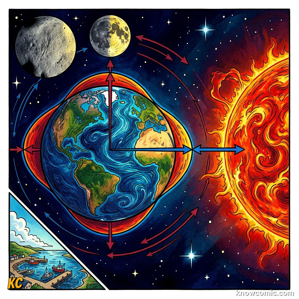 Comic panel about tides: the moon's pull on earth: When Pulls Cancel Partly, Cycle, educational kids illustration