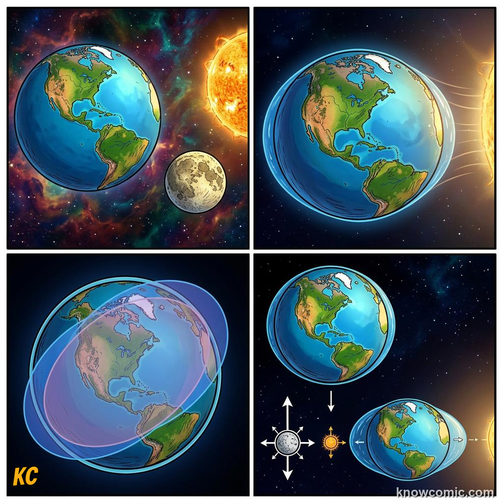 Comic panel about tides: the moon's pull on earth: Quarter, educational kids illustration