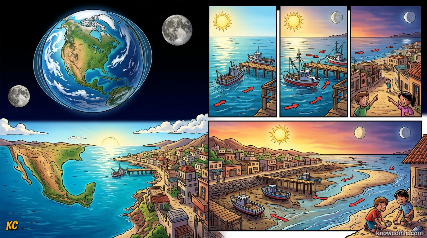 Comic panel about tides: the moon's pull on earth: Wrap Up, educational kids illustration