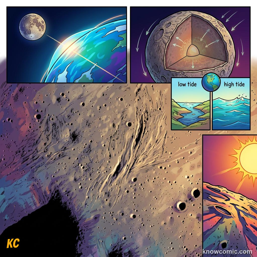 Comic panel about tides: the moon's pull on earth: The Moon Moves The Sea, Watch, educational kids illustration