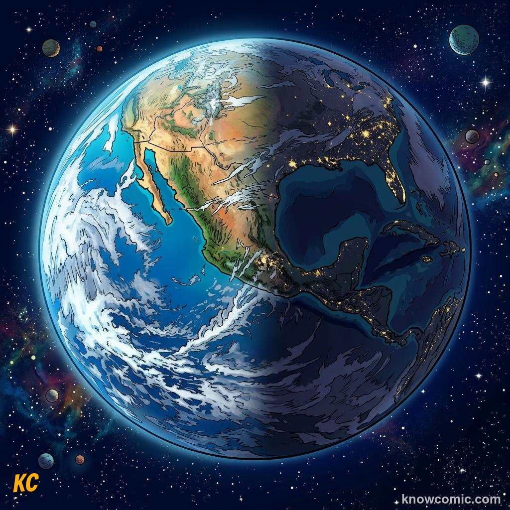 Comic panel about day & night: earth's rotation: One Turn About Every 24 Hours, Axis, educational kids illustration
