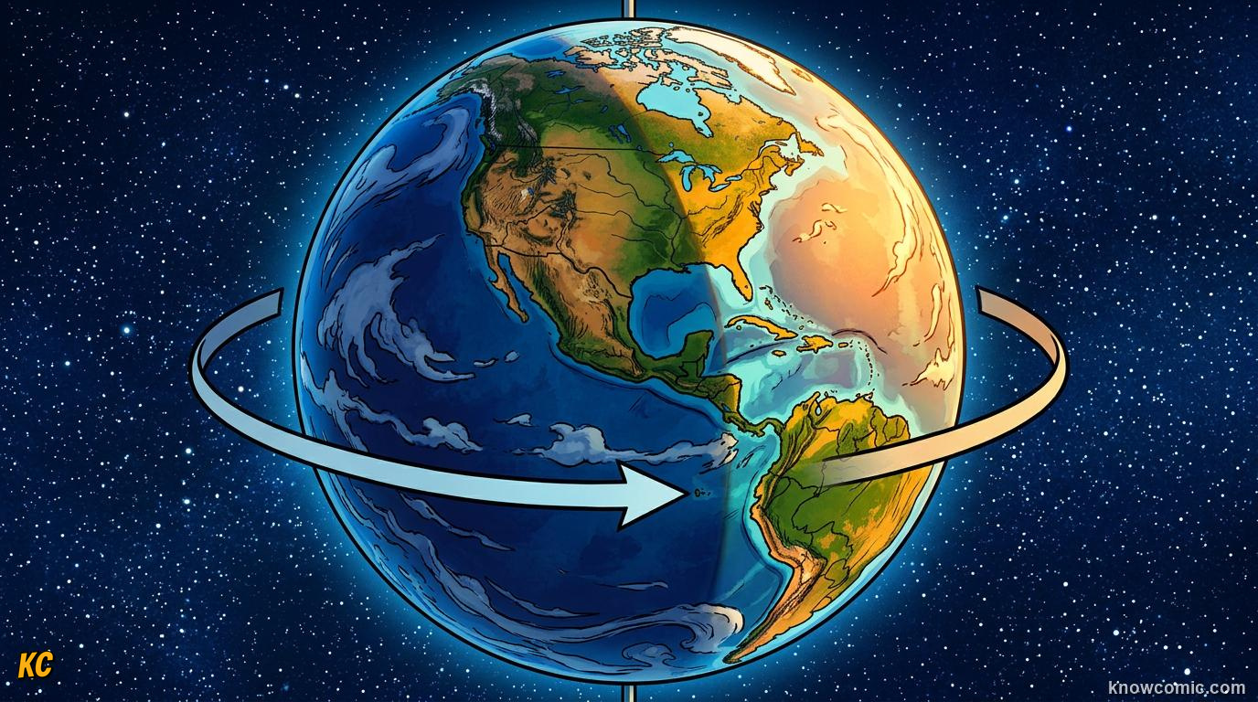 Comic panel about day & night: earth's rotation: Looking Up, educational kids illustration