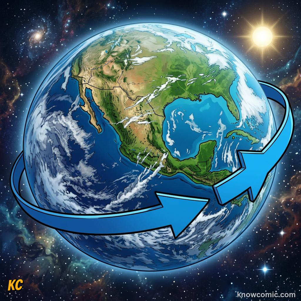 Comic panel about day & night: earth's rotation: The Sun Seems To Move, Illusion, educational kids illustration