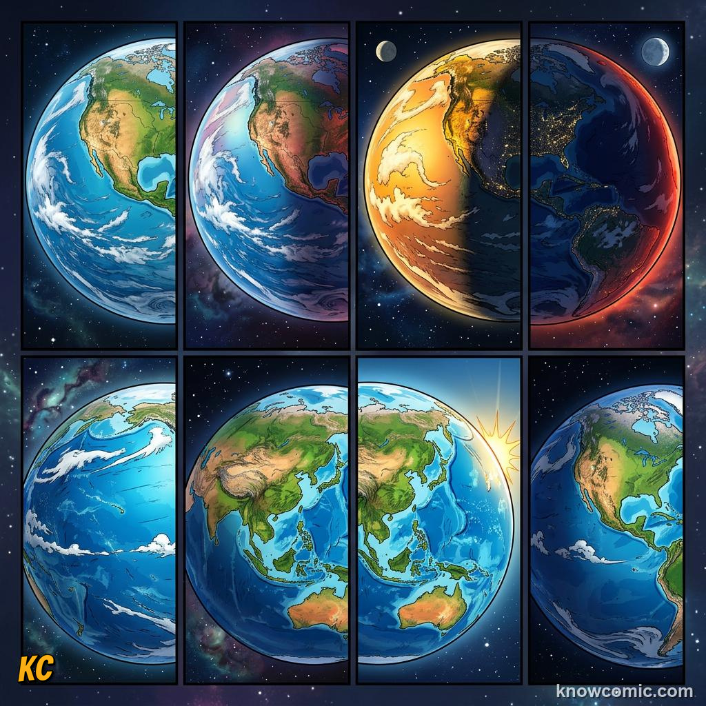 Comic panel about day & night: earth's rotation: The Sun Seems To Move, Morning, educational kids illustration