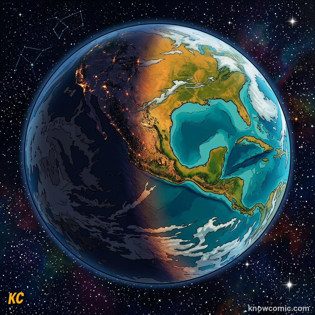 Comic panel about day & night: earth's rotation: Ancient, educational kids illustration