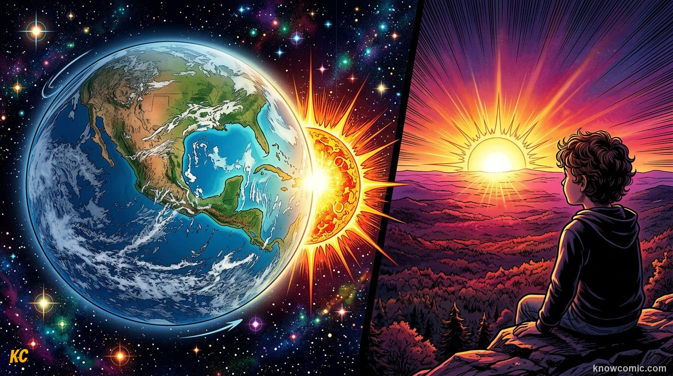 Comic panel about day & night: earth's rotation: West To East, educational kids illustration