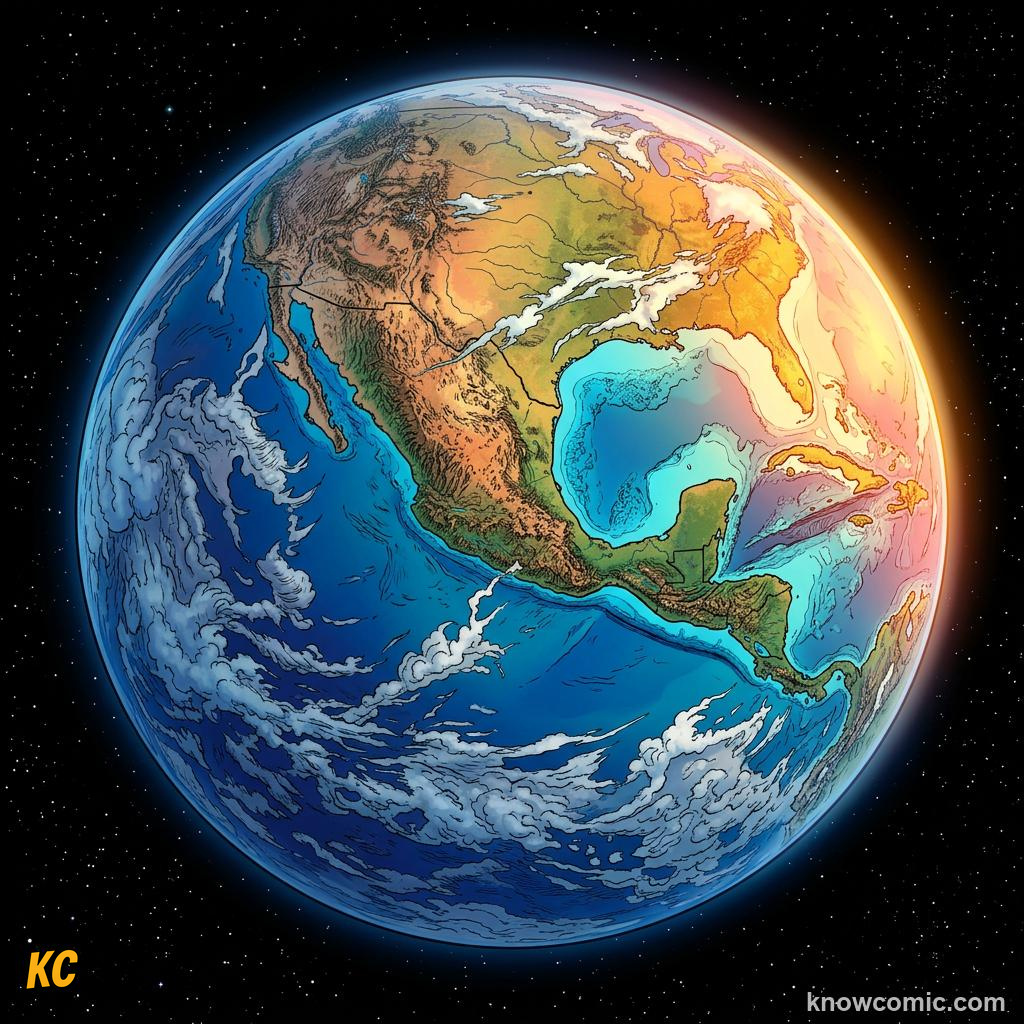 Comic panel about day & night: earth's rotation: West, educational kids illustration