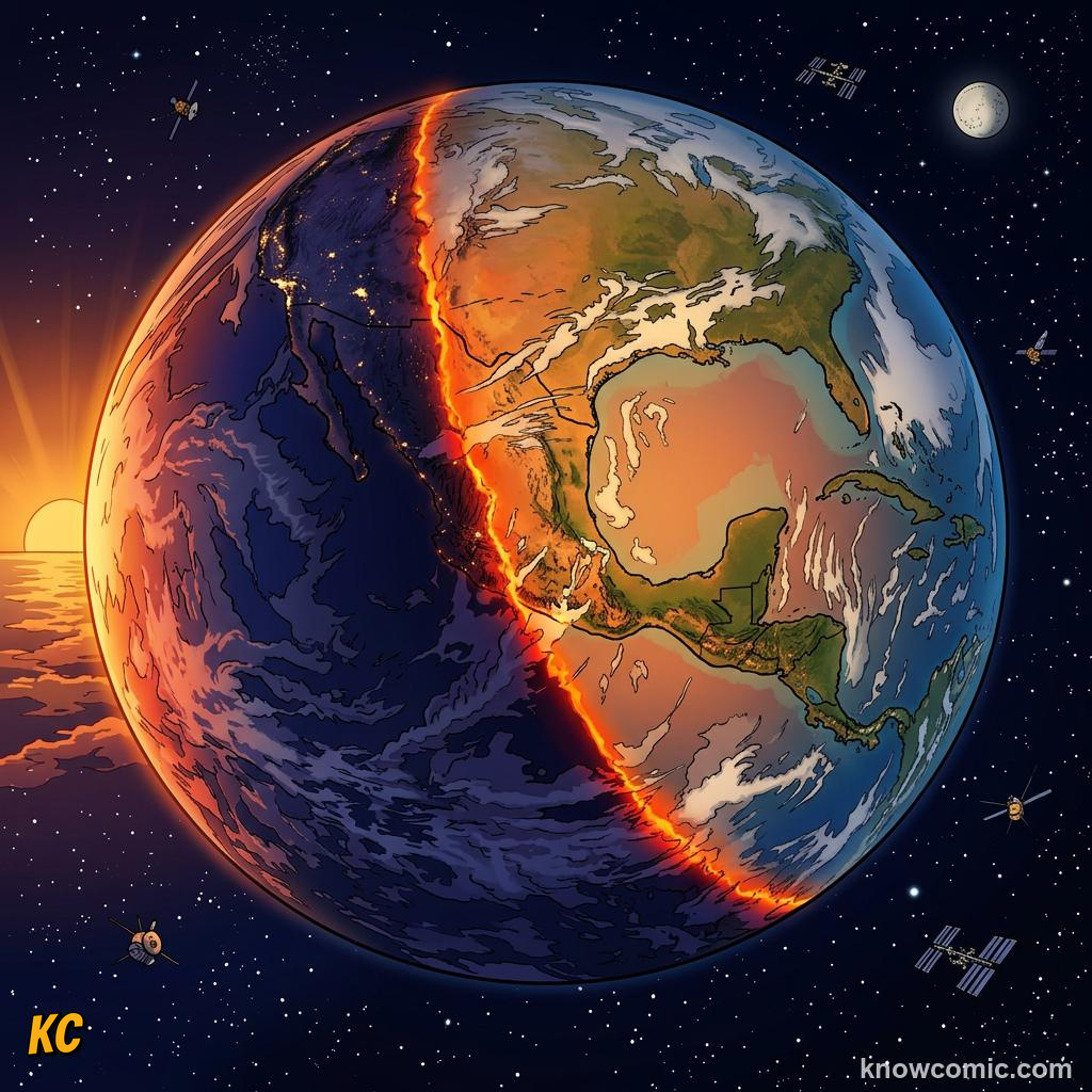 Comic panel about day & night: earth's rotation: Direction, educational kids illustration