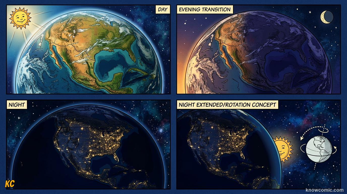 Comic panel about day & night: earth's rotation: Why The Sun Rises East, Twilight, educational kids illustration