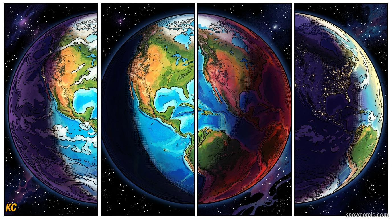 Comic panel about day & night: earth's rotation: Capstone, educational kids illustration