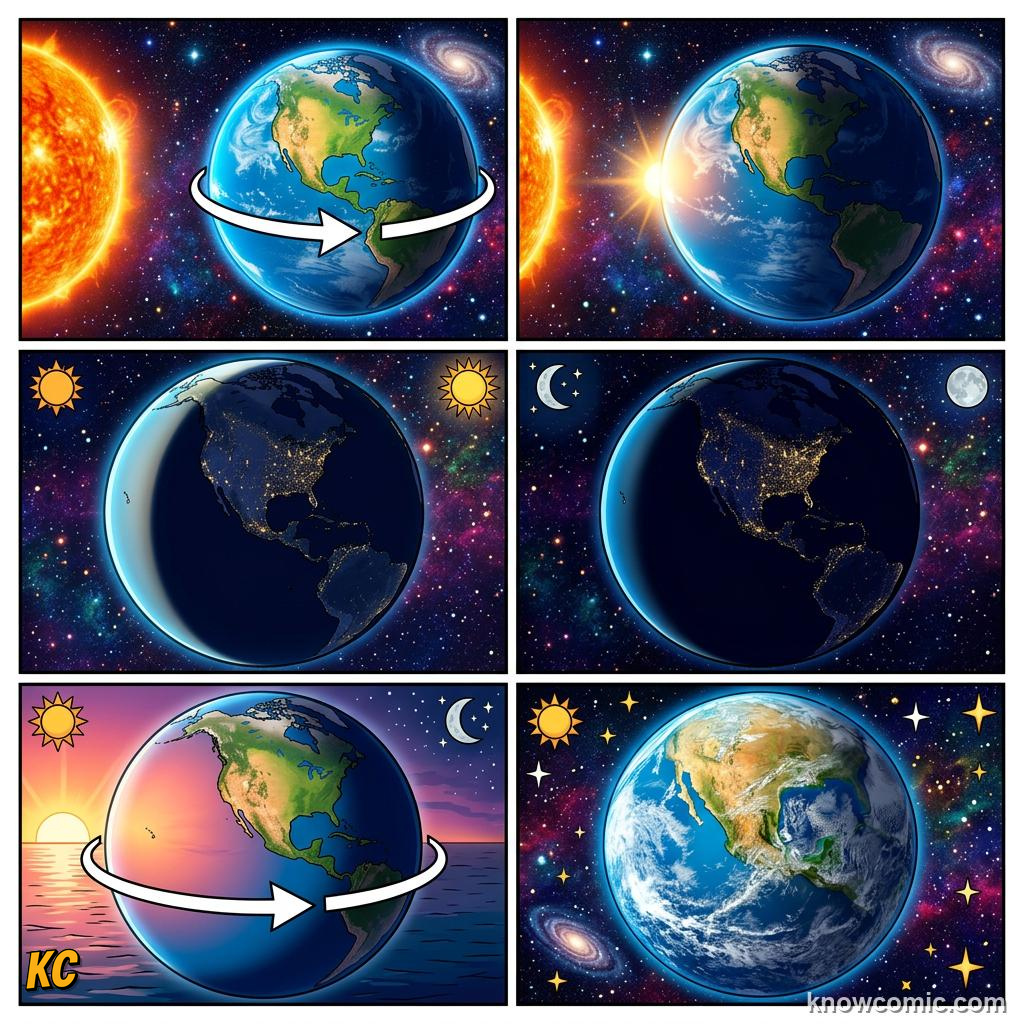 Comic panel about day & night: earth's rotation: Day And Night Explained, Group, educational kids illustration