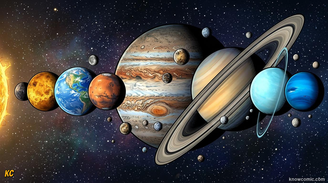 Comic panel about planet sizes compared: Size Lineup, educational kids illustration