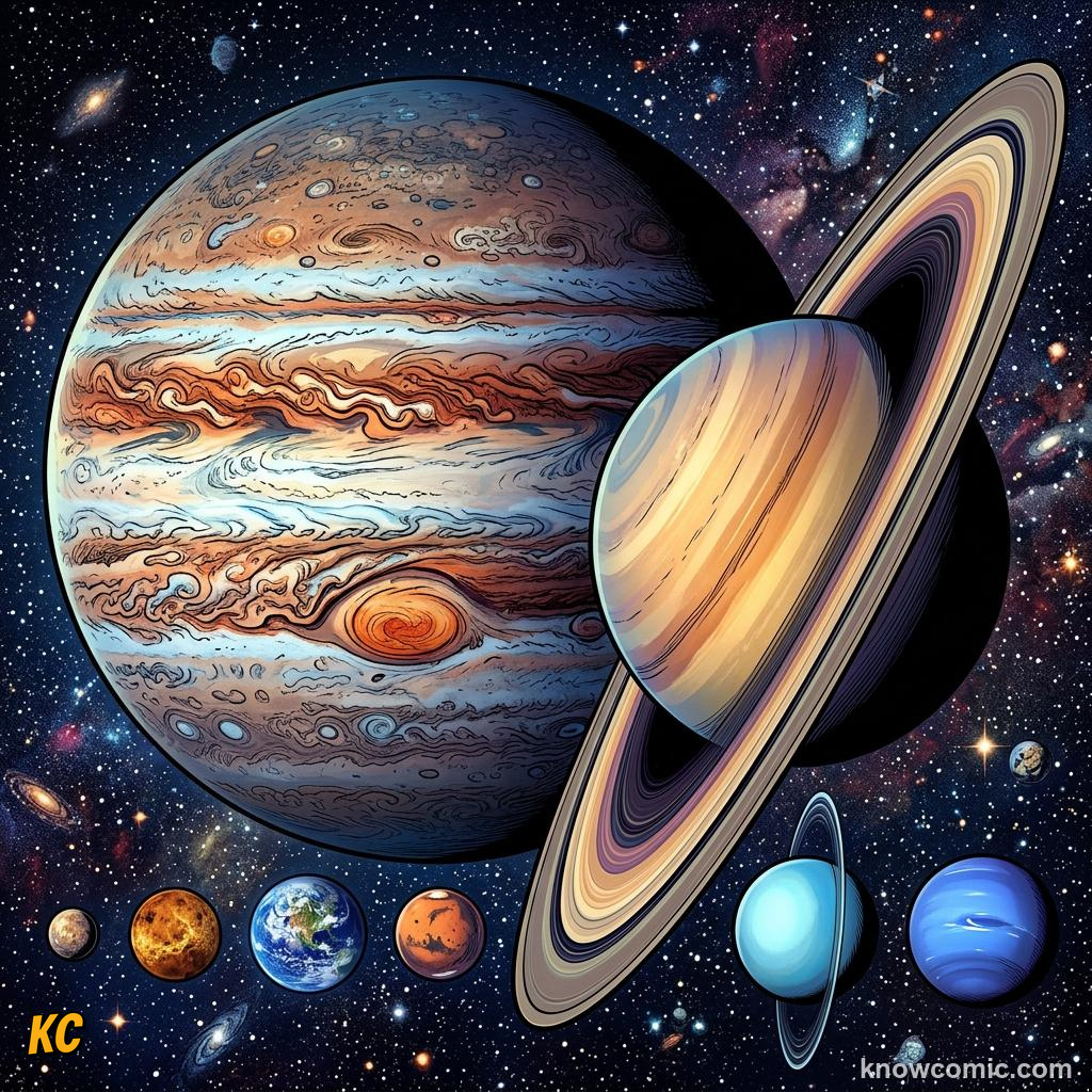 Comic panel about planet sizes compared: Giant, educational kids illustration