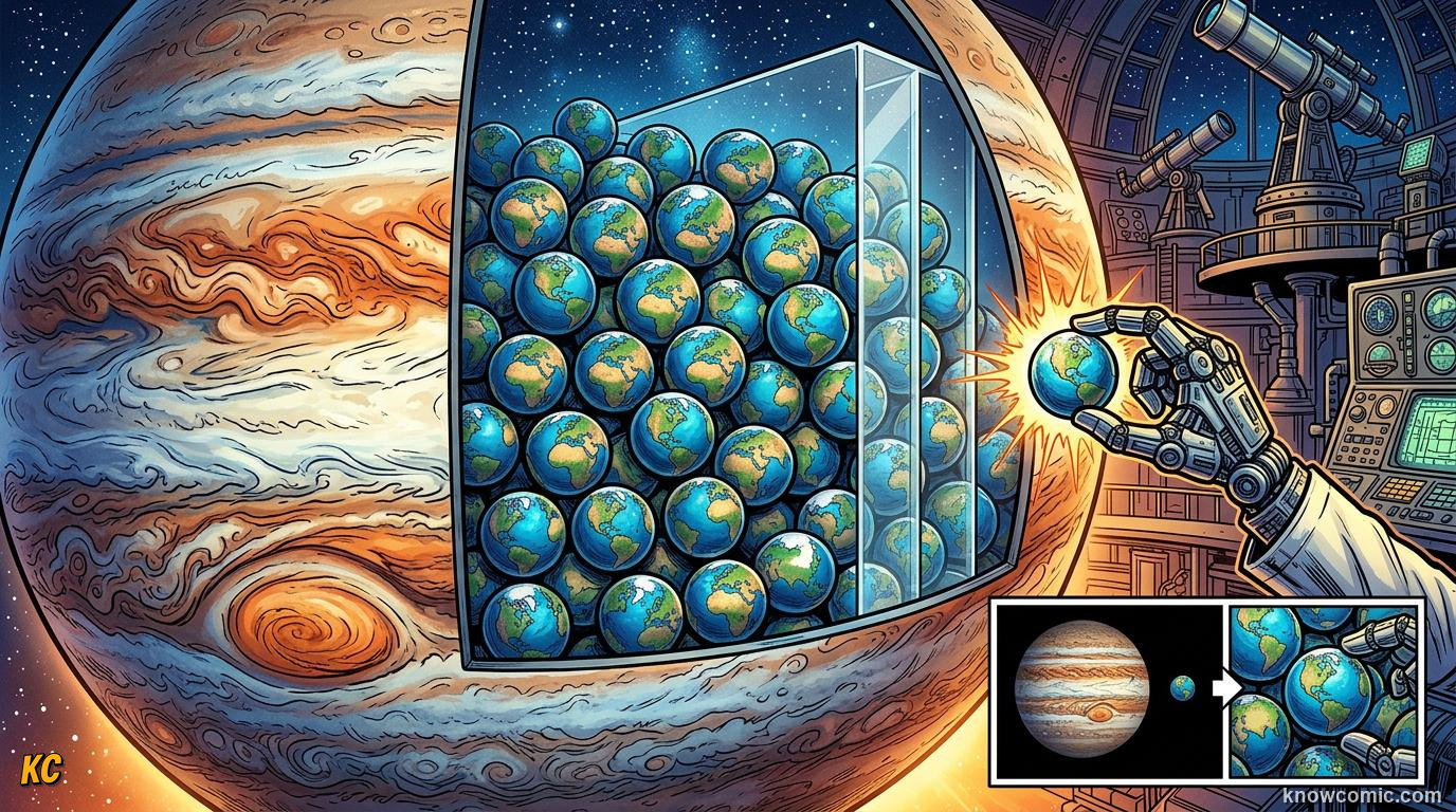 Comic panel about planet sizes compared: Inside Space, educational kids illustration