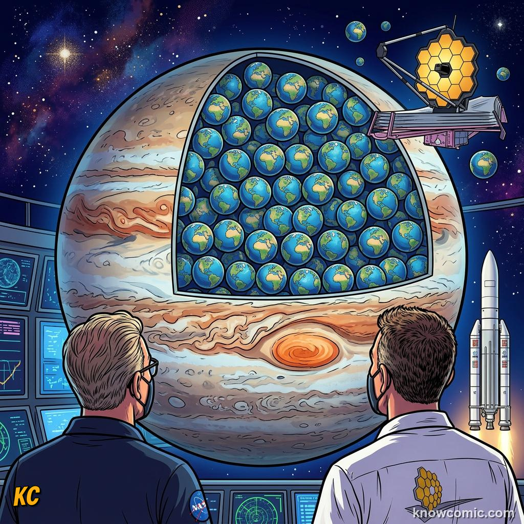 Comic panel about planet sizes compared: How Many Earths Fit?, Jupiter, educational kids illustration