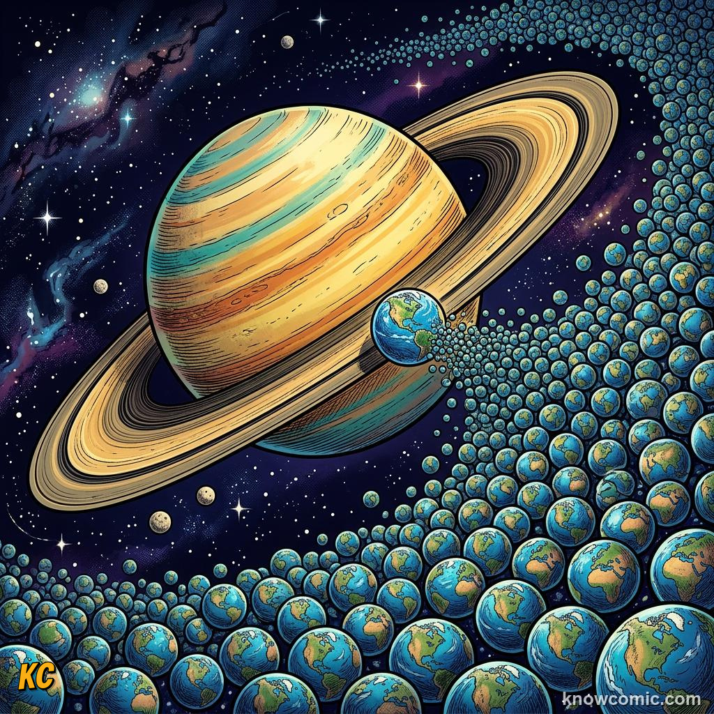 Comic panel about planet sizes compared: How Many Earths Fit?, Saturn, educational kids illustration