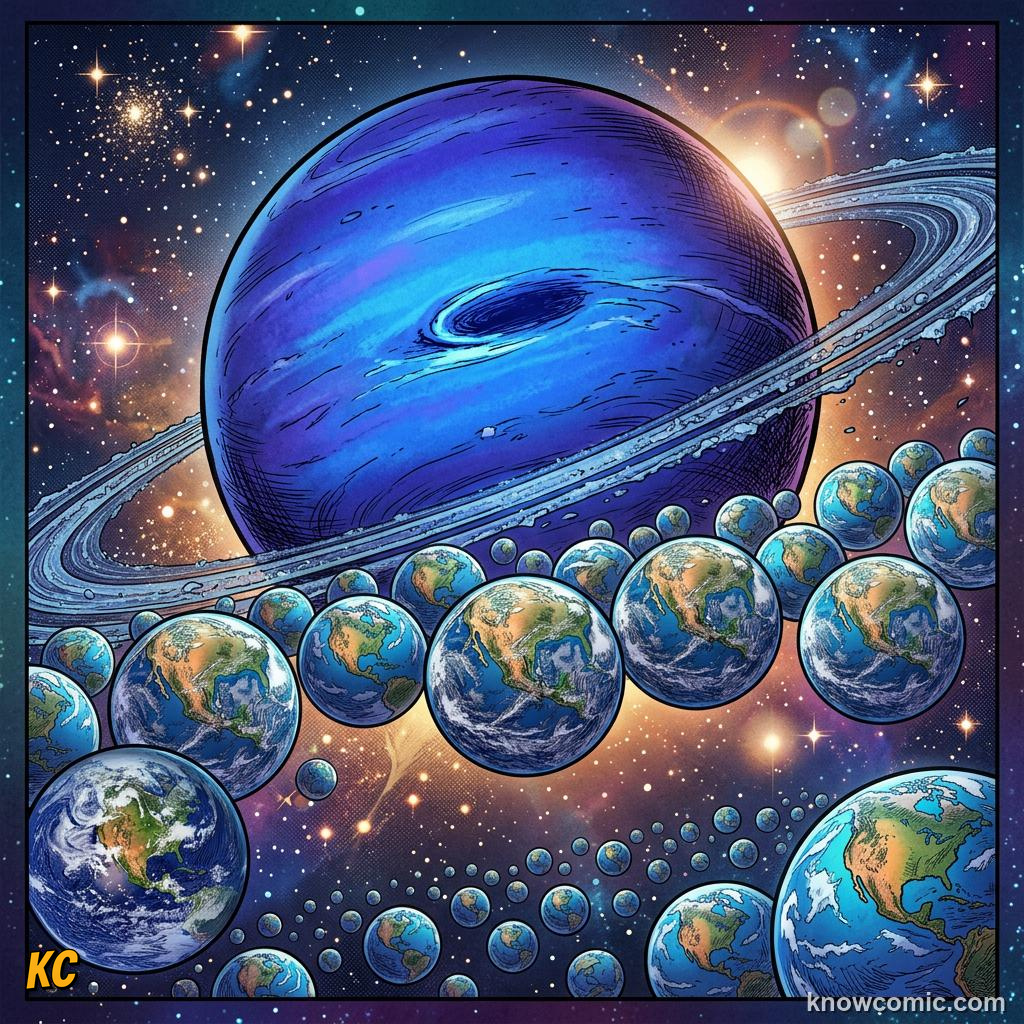 Comic panel about planet sizes compared: Ice Giants, educational kids illustration