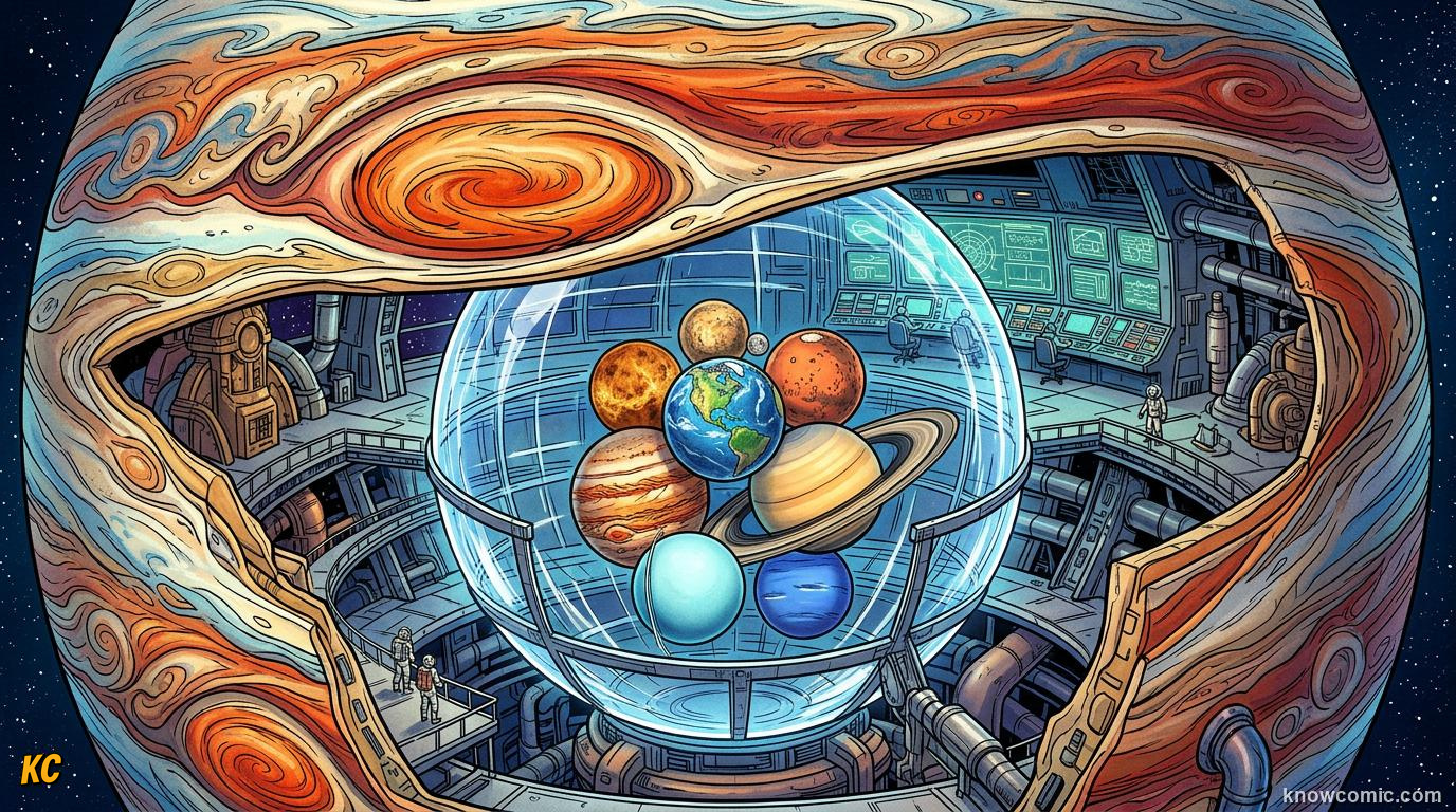 Comic panel about planet sizes compared: Even Jupiter Looks Tiny, Mind-Blowing, educational kids illustration