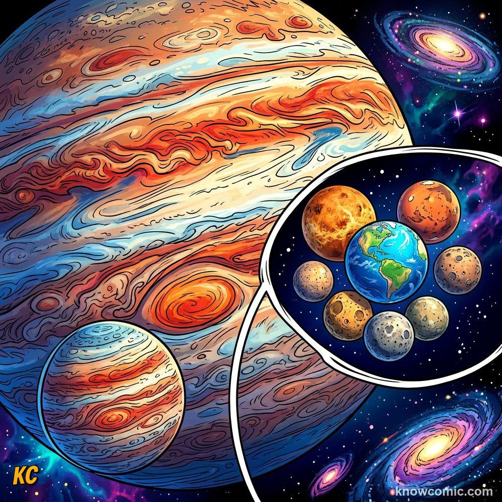 Comic panel about planet sizes compared: One Planet Swallows The Rest, Combined, educational kids illustration