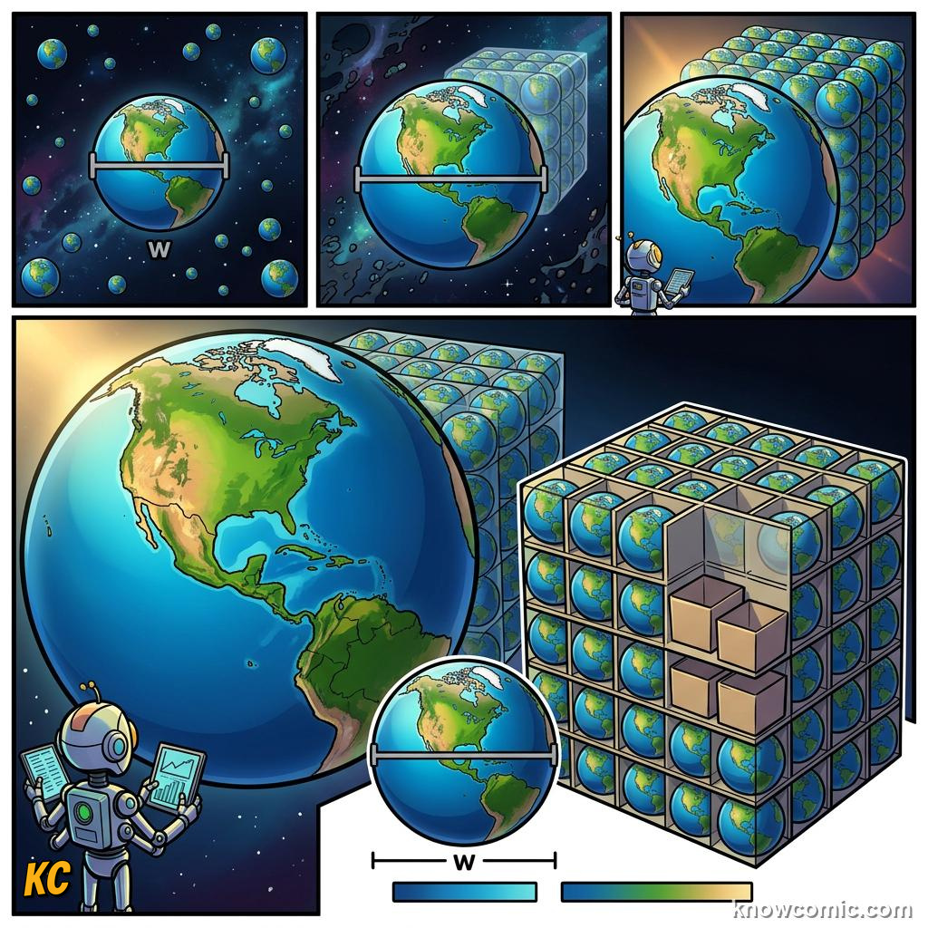 Comic panel about planet sizes compared: One Planet Swallows The Rest, Idea, educational kids illustration