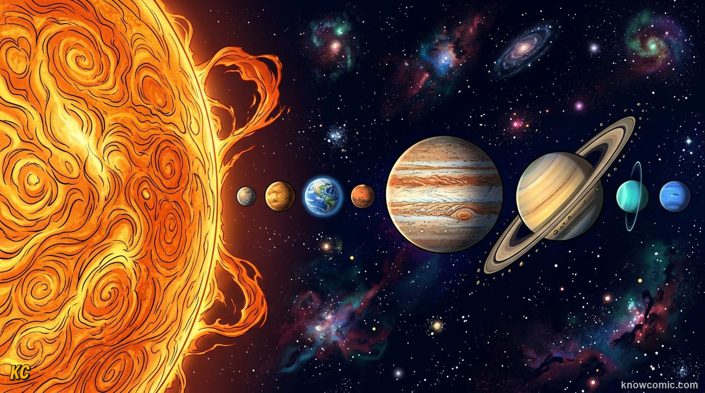 Comic panel about planet sizes compared: Wrap Up, educational kids illustration