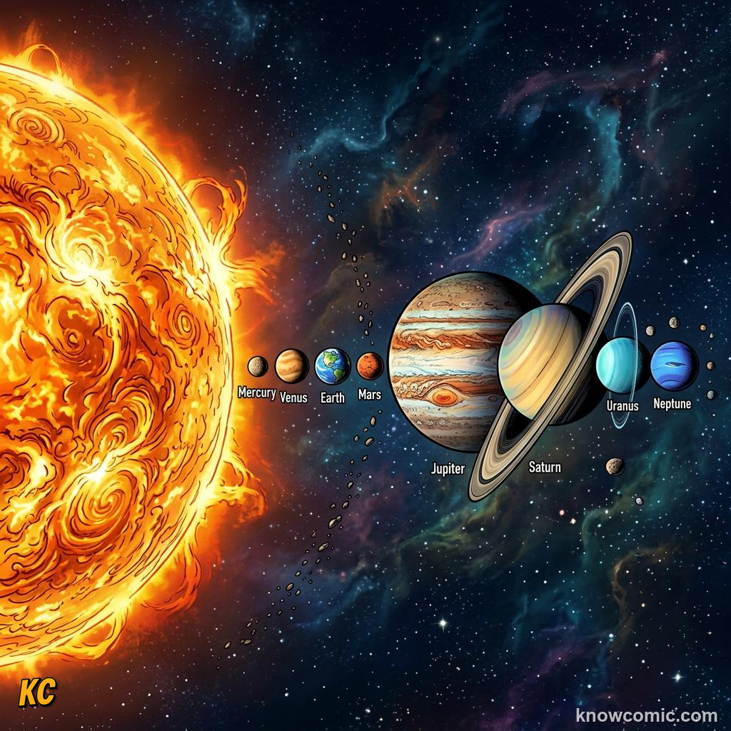 Comic panel about planet sizes compared: Remember The Scale, True, educational kids illustration