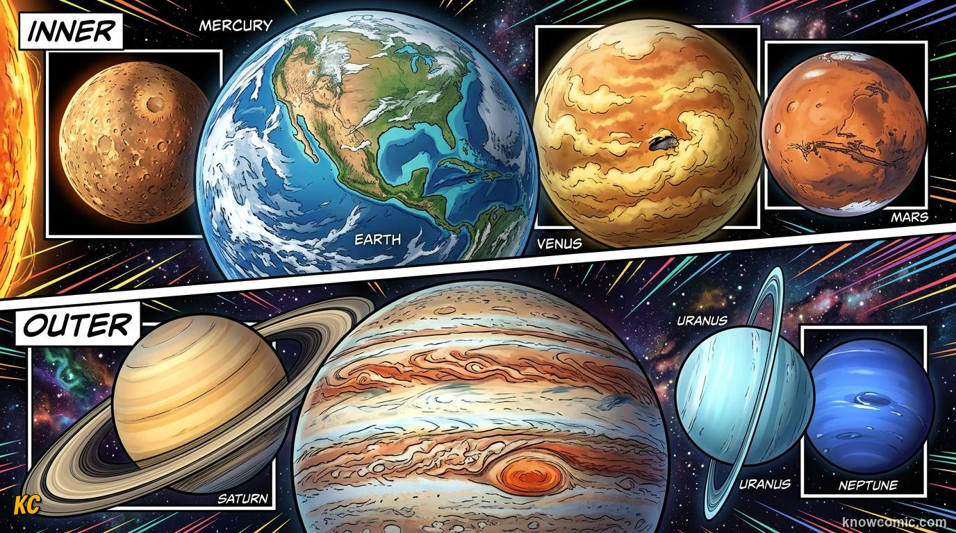 Comic panel about rocky vs gas planets: what's the difference?: Inner Vs Outer, educational kids illustration