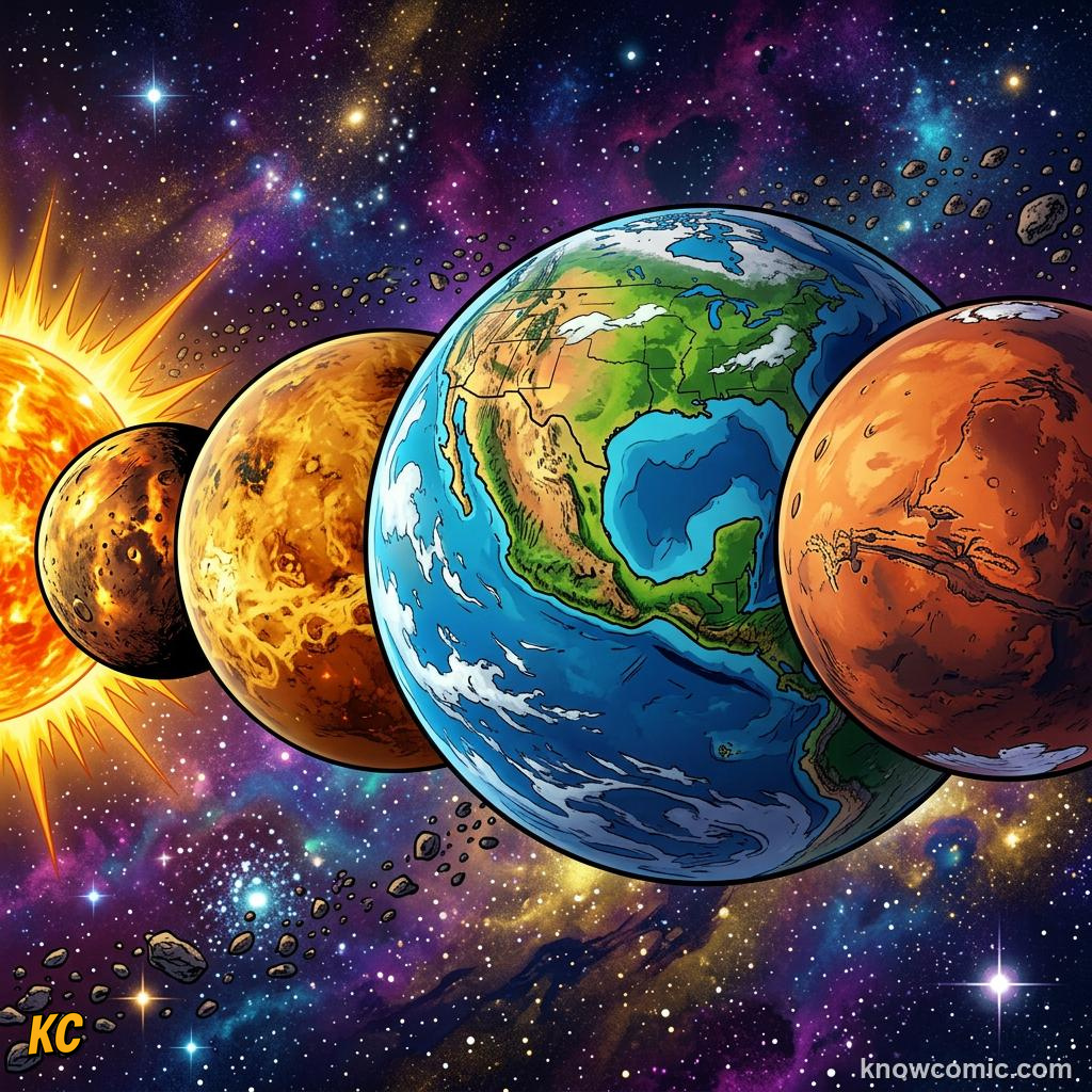 Comic panel about rocky vs gas planets: what's the difference?: Eight Planets, Two Styles, Inner, educational kids illustration