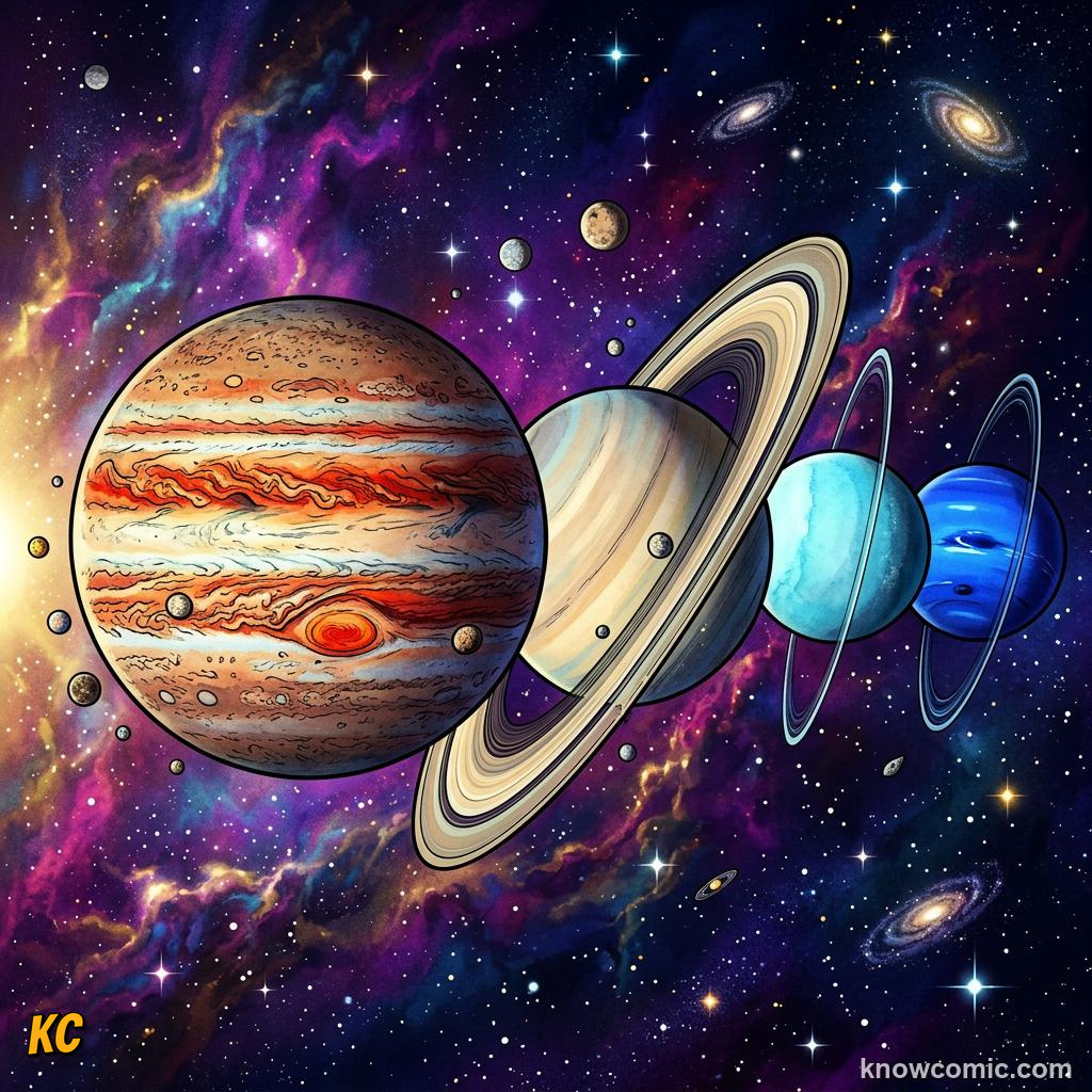Comic panel about rocky vs gas planets: what's the difference?: Outer, educational kids illustration