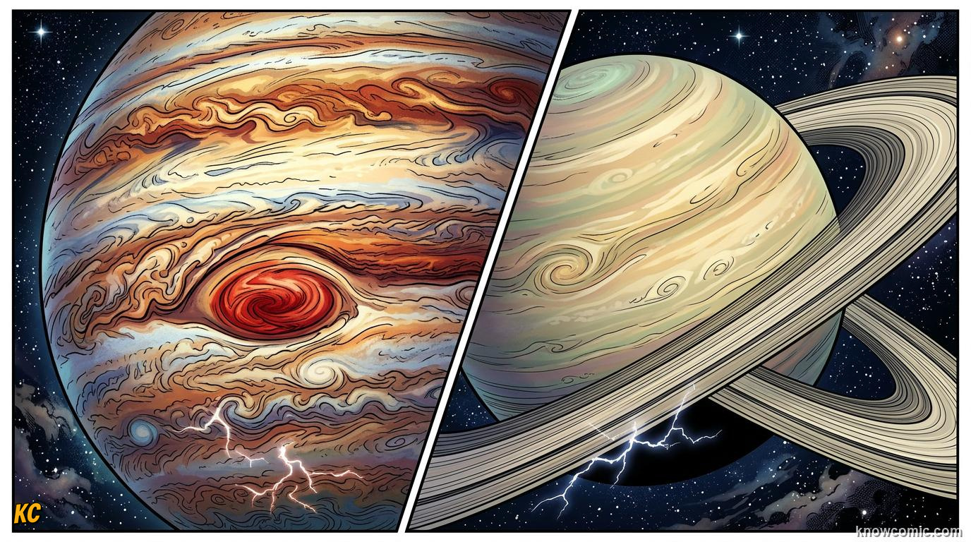 Comic panel about rocky vs gas planets: what's the difference?: No Floor, educational kids illustration