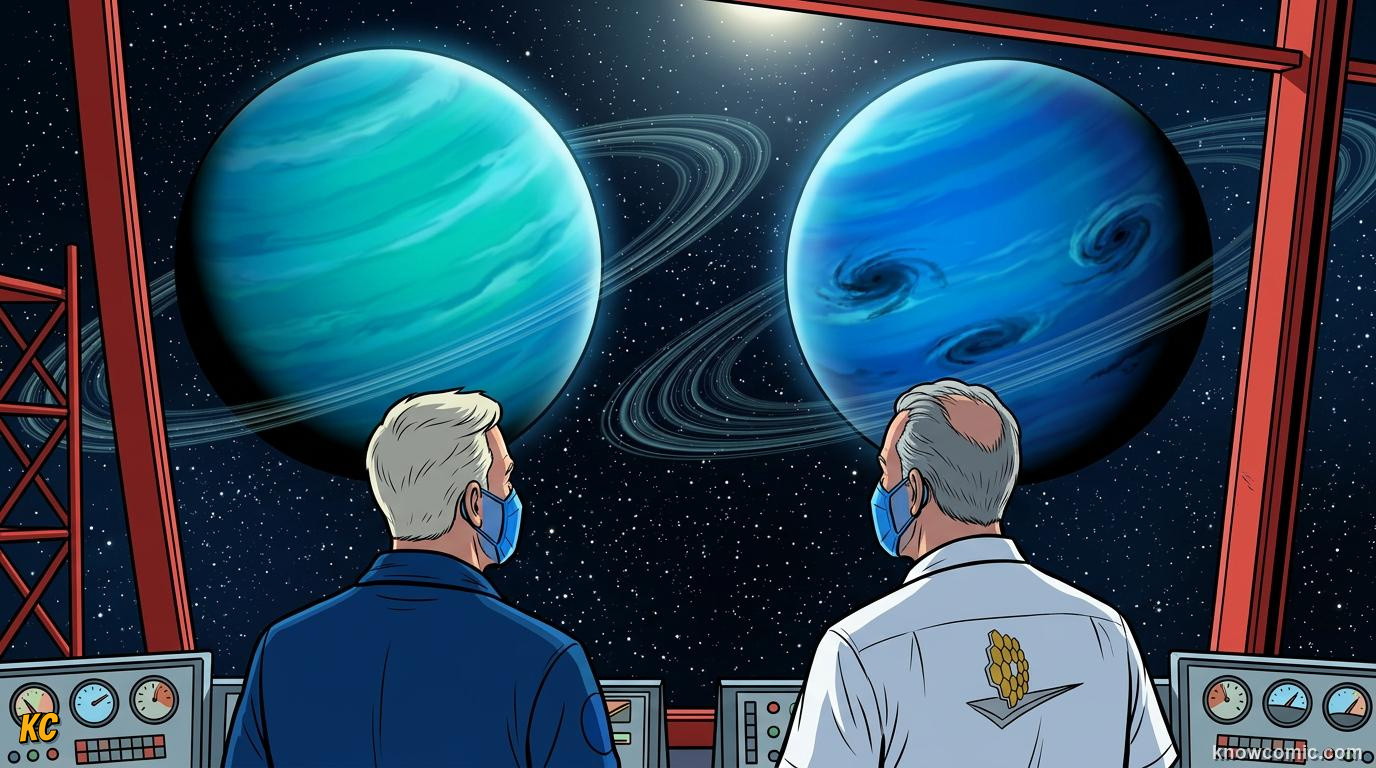 Comic panel about rocky vs gas planets: what's the difference?: Jupiter And Saturn, Cold Blue Worlds, educational kids illustration