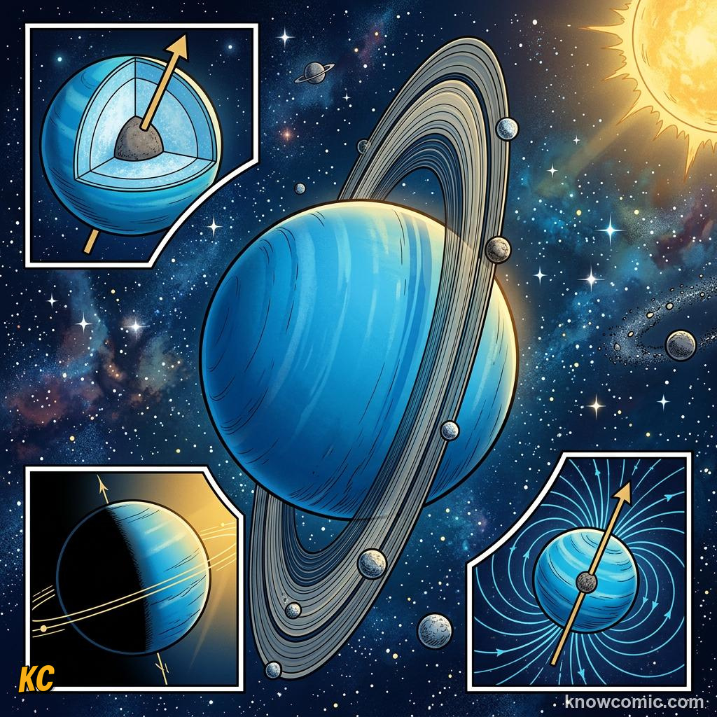 Comic panel about rocky vs gas planets: what's the difference?: Uranus And Neptune, educational kids illustration