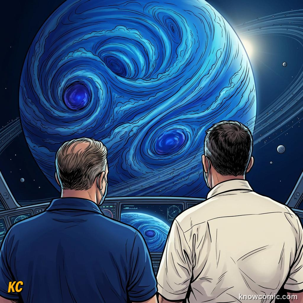 Comic panel about rocky vs gas planets: what's the difference?: Uranus And Neptune, educational kids illustration
