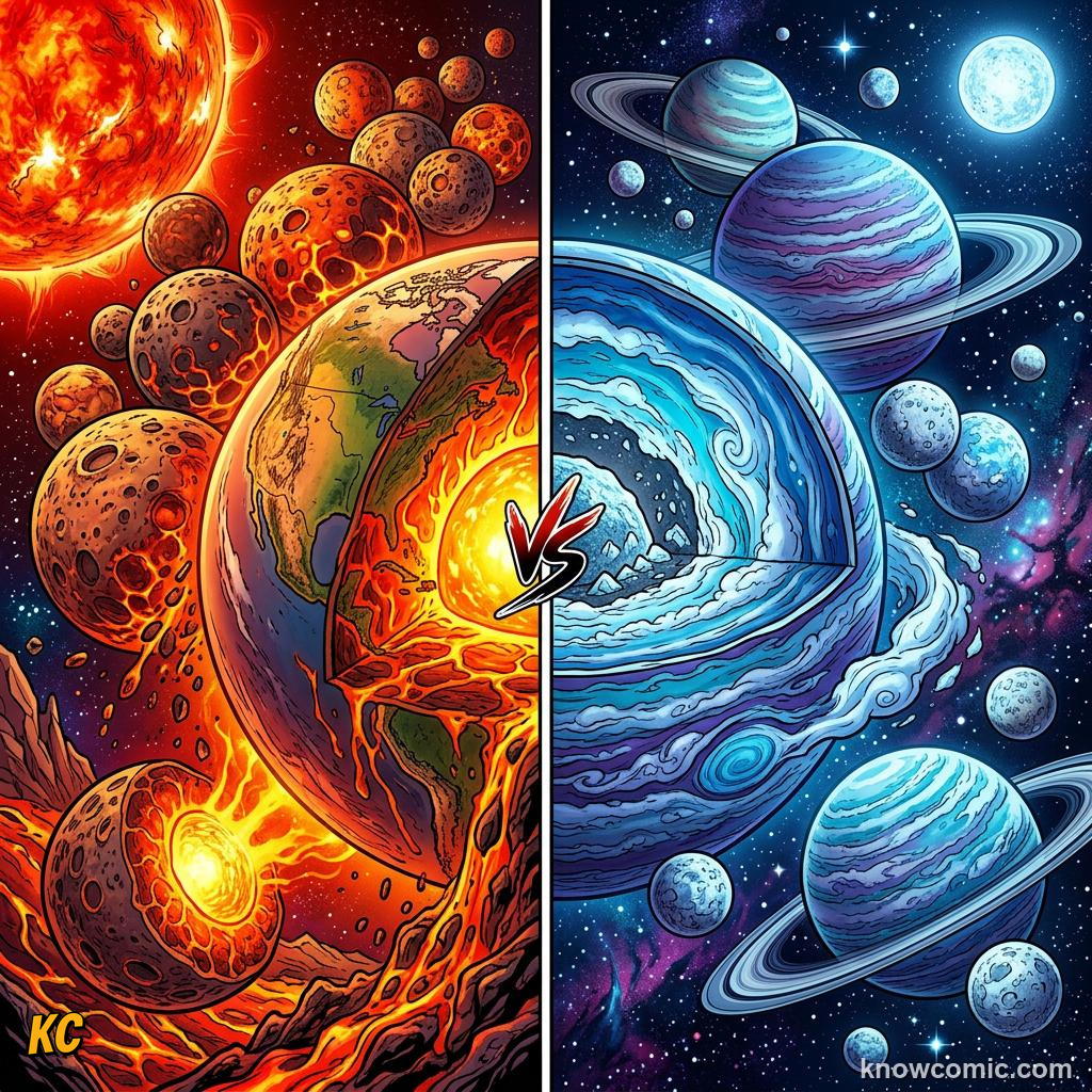Comic panel about rocky vs gas planets: what's the difference?: Compare, educational kids illustration