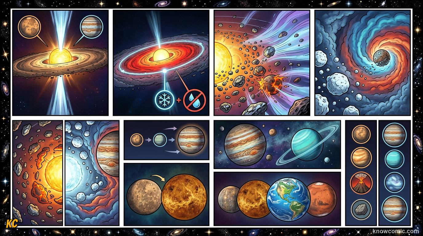 Comic panel about rocky vs gas planets: what's the difference?: Wrap Up, educational kids illustration
