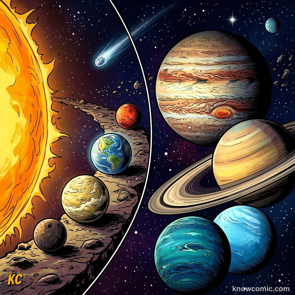 Comic panel about rocky vs gas planets: what's the difference?: Distance Shaped The Planets, Zone, educational kids illustration