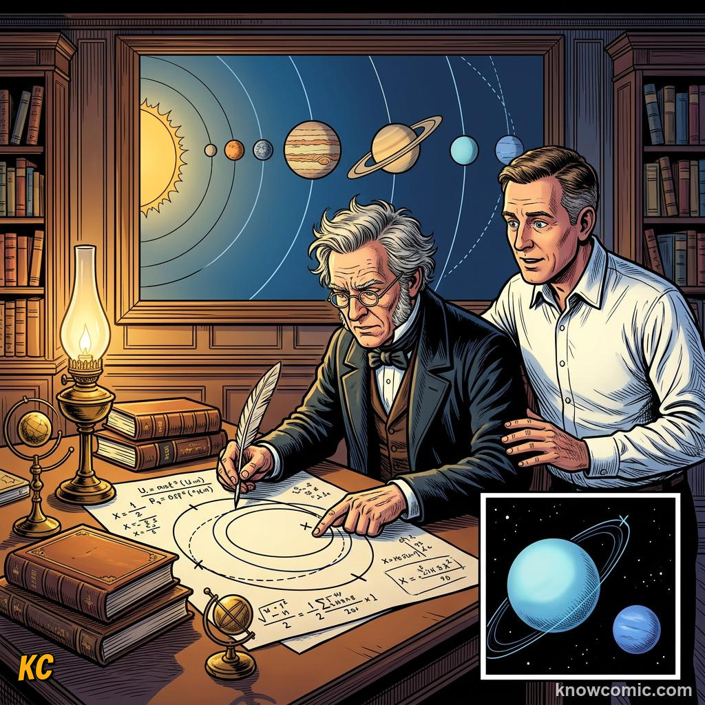 Comic panel about how we discovered the outer planets: Find, educational kids illustration